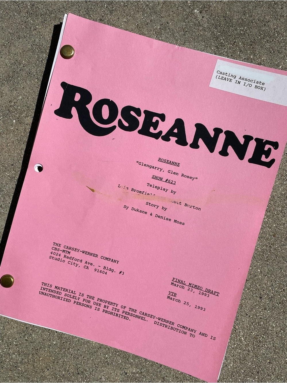 Roseanne Vtg 1993 Production Used Final Mimeo Draft Script Glengarry, Glen Rosey